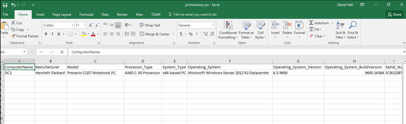 Screenshot of example spreadsheet